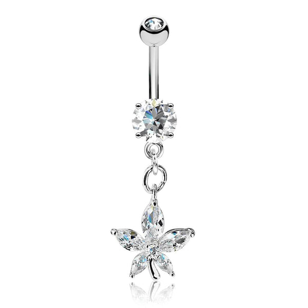 316L Surgical Steel Dangling Petal Flower White CZ Belly Ring - Pierced Universe