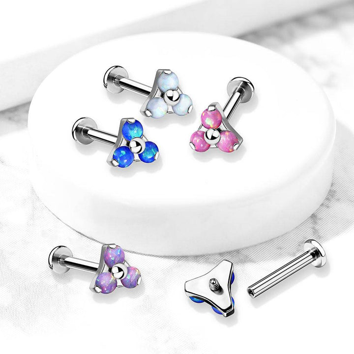 316L Surgical Steel Internally Threaded Blue Opal Triangle CZ Labret - Pierced Universe