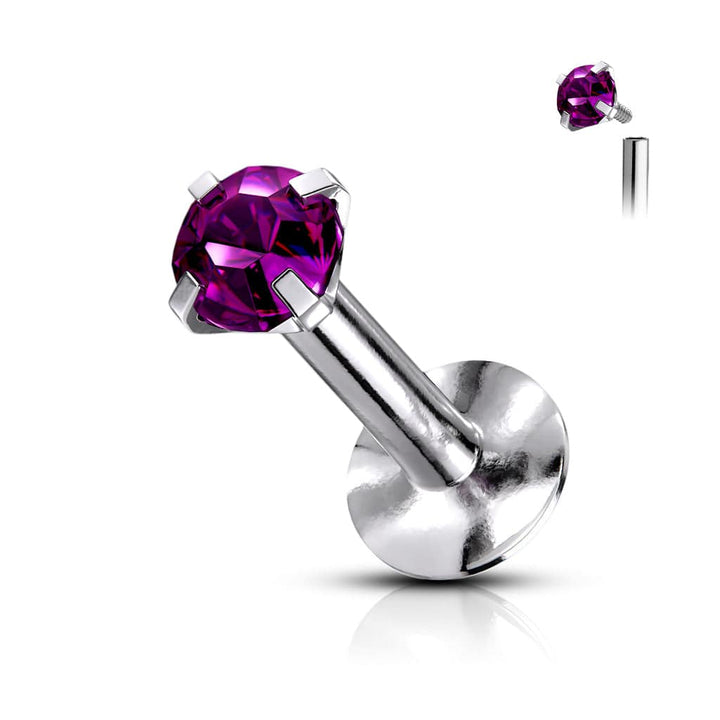 316L Surgical Steel Internally Threaded Purple Circle Prong CZ Flat Back Labret Stud - Pierced Universe