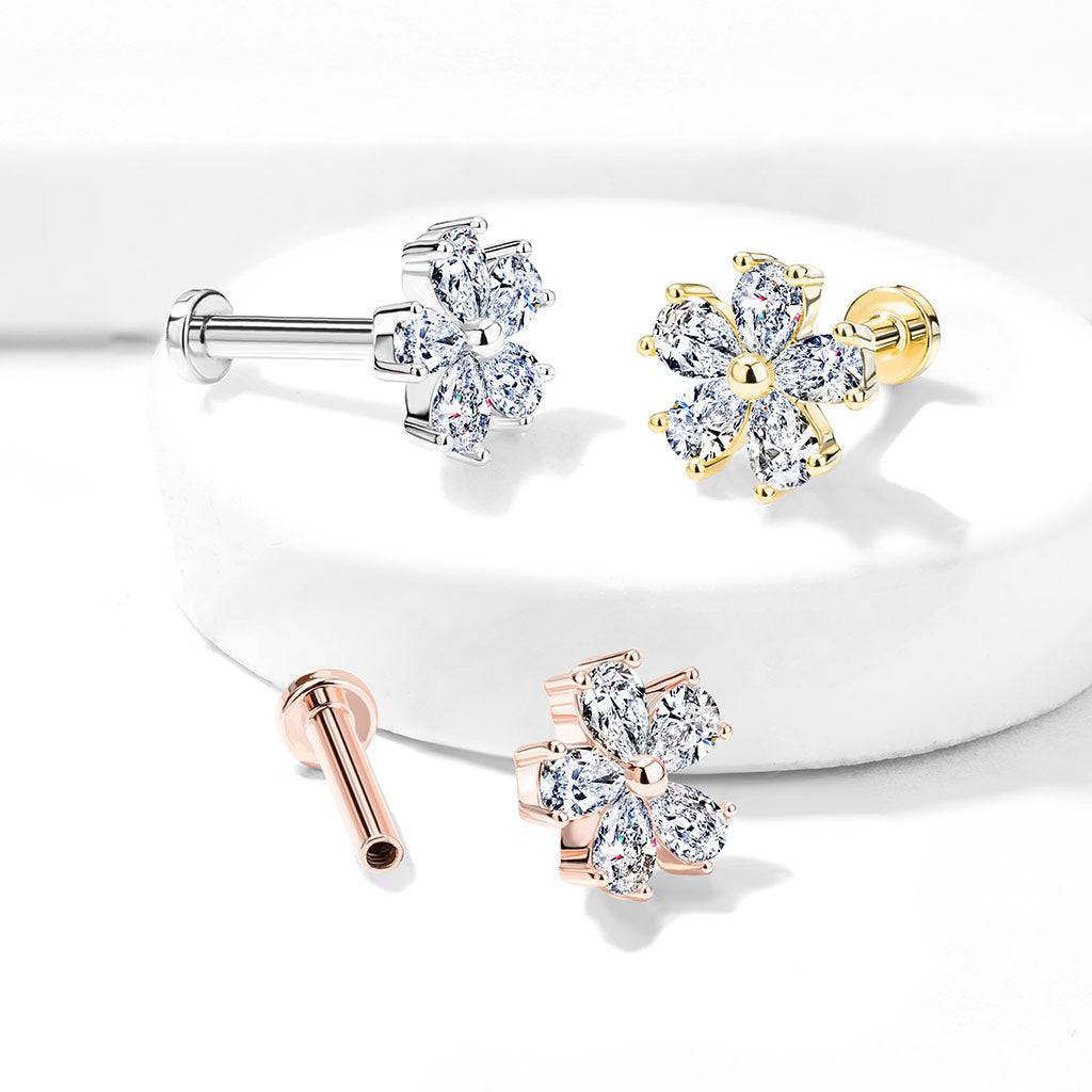 316L Surgical Steel Internally Threaded White Flower CZ Flat Back ...
