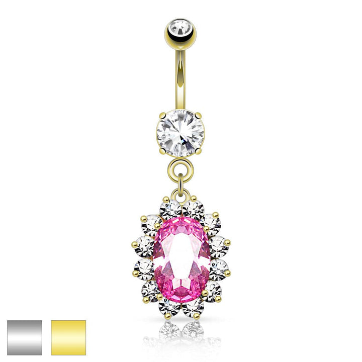 316L Surgical Steel Large Pink Oval Gem Flower Belly Button Ring - Pierced Universe