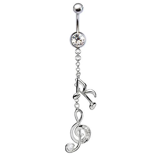 316L Surgical Steel Music Note Treble Clef CZ Gem Dangle Belly Ring - Pierced Universe