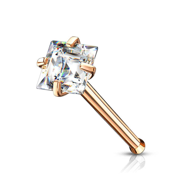 316L Surgical Steel Rose Gold PVD Square White CZ Ball End Nose Pin - Pierced Universe