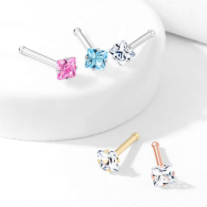 316L Surgical Steel Rose Gold PVD Square White CZ Ball End Nose Pin - Pierced Universe