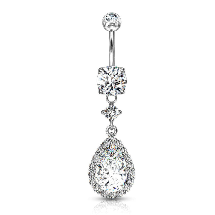 316L Surgical Steel Teardrop White CZ Pave Dangle Belly Ring - Pierced Universe