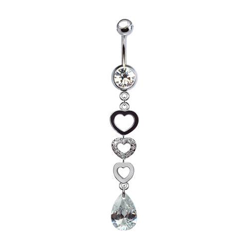 316L Surgical Steel Triple Heart with Teardrop CZ Dangle Belly Ring - Pierced Universe