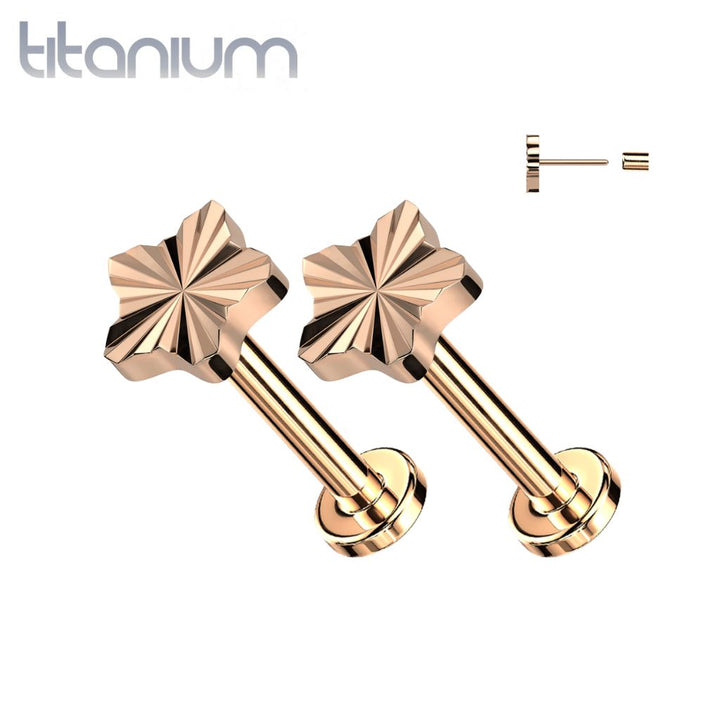 Pair of Implant Grade Titanium Rose Gold PVD Dainty Ridged Star Threadless Push In Earrings With Flat Back - Pierced Universe