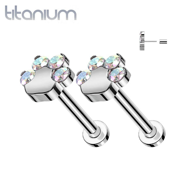 Pair of Implant Grade Titanium Paw Print Aurora Borealis CZ Push In Earrings With Flat Back - Pierced Universe