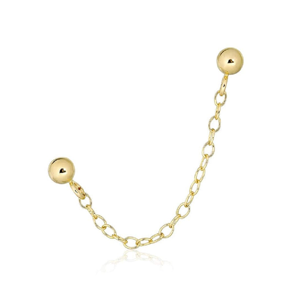 925 Sterling Silver Double Lobe Gold PVD Ball with Chain Minimal Stud Earring- 1 Piece - Pierced Universe