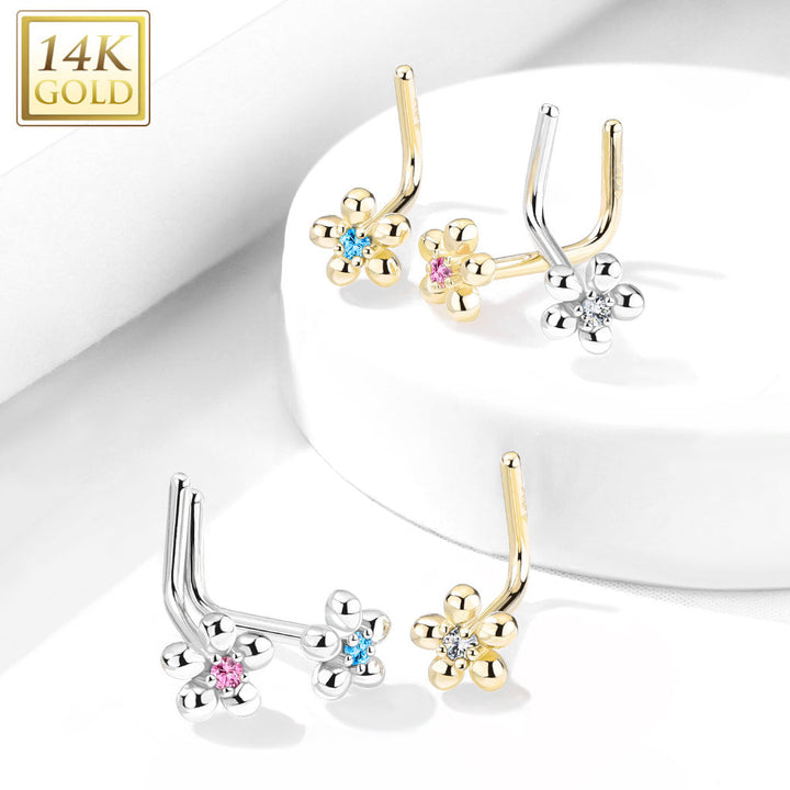 14KT Solid Yellow Gold L Shape Flower Nose Ring with Pink CZ - Pierced Universe