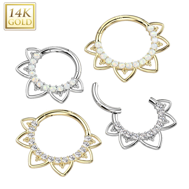 14kt Yellow Gold CZ Floral Beaded Tribal Septum Daith Hinged Clicker Hoop - Pierced Universe