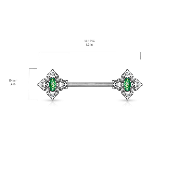 316L Surgical Steel 4 Petal Design White CZ & Opal Nipple Ring Straight Barbell - Pierced Universe