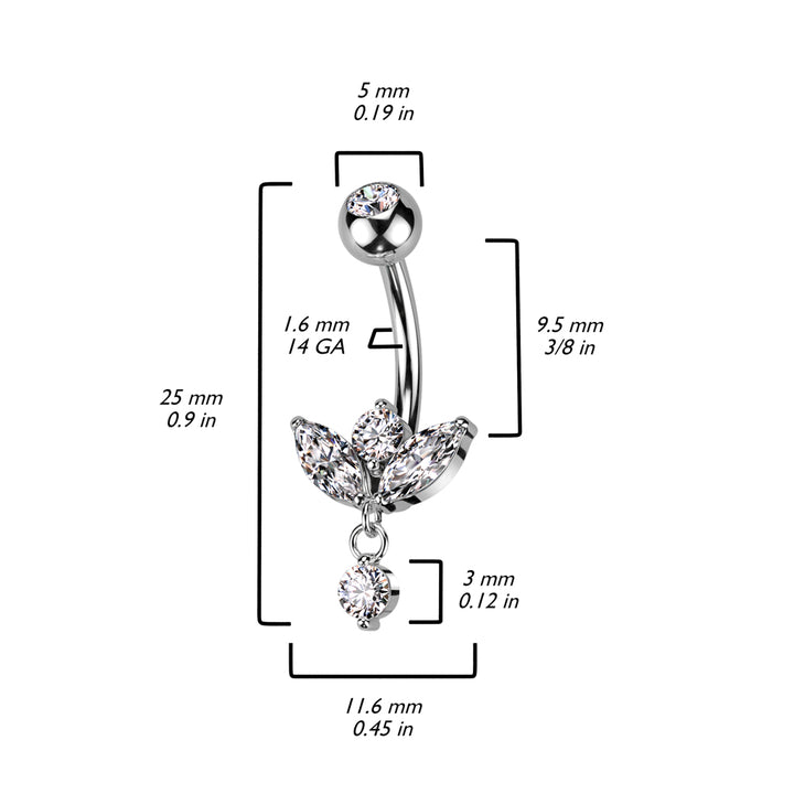 316L Surgical Steel Rose Gold PVD White CZ 3 Petal Flower With Single Gem Dangle - Pierced Universe