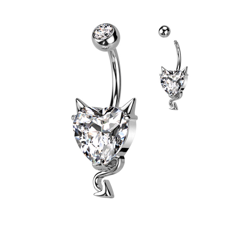 316L Surgical Steel Devil Horns White CZ Heart Belly Ring - Pierced Universe