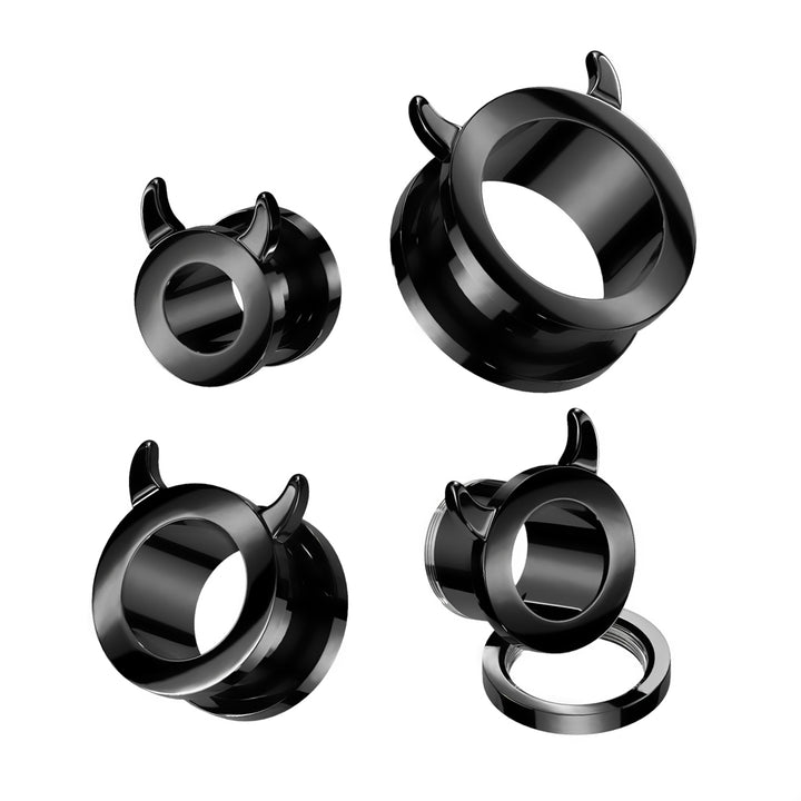 316L Surgical Steel Black PVD Devil Horns Screw On Ear Tunnels - Pierced Universe
