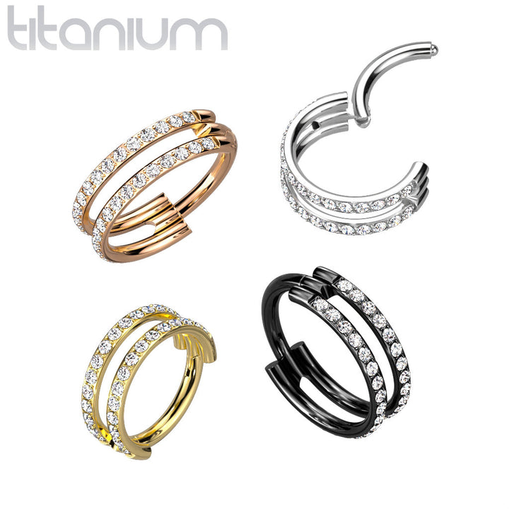 Implant Grade Titanium Gold PVD Double White CZ Pave Hinged Clicker Hoop - Pierced Universe