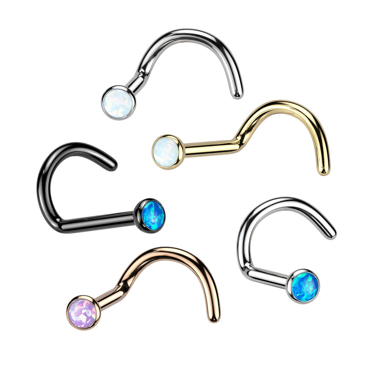 Implant Grade Titanium Black PVD Corkscrew Nose Ring with Blue Opal - Pierced Universe