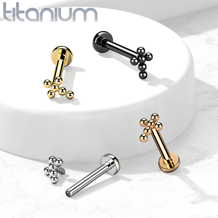 Implant Grade Titanium Rose Gold PVD Beaded Dainty Cross Internally Threaded Labret - Pierced Universe