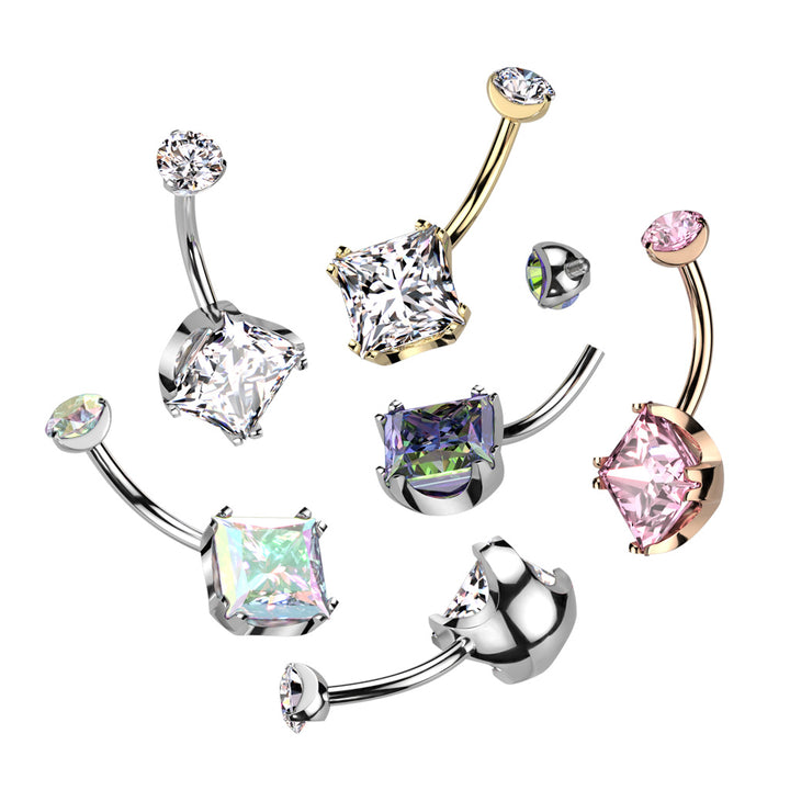 Implant Grade Titanium Vitrail Medium CZ Simple Square Gem Belly Ring - Pierced Universe