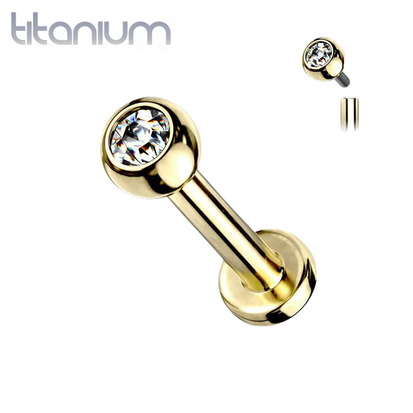 Implant Grade Titanium Internally Threaded Gold PVD White CZ Labret Flat Back - Pierced Universe