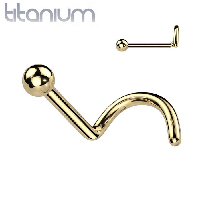 Implant Grade Titanium Gold PVD Ball Top Corkscrew Nose Stud Ring - Pierced Universe