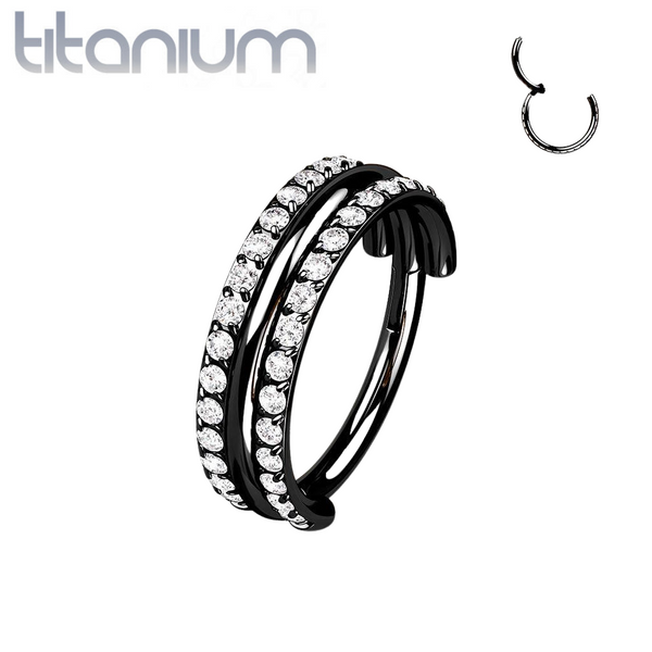 Implant Grade Titanium Black PVD White CZ Double Line Plain Center Hinged Clicker Hoop - Pierced Universe