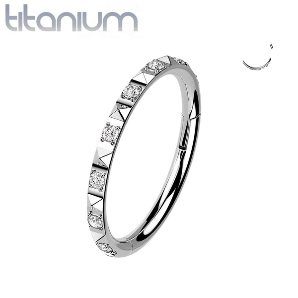 Implant Grade Titanium Ridged With White CZ Gems Hinged Hoop Clicker Ring - Pierced Universe