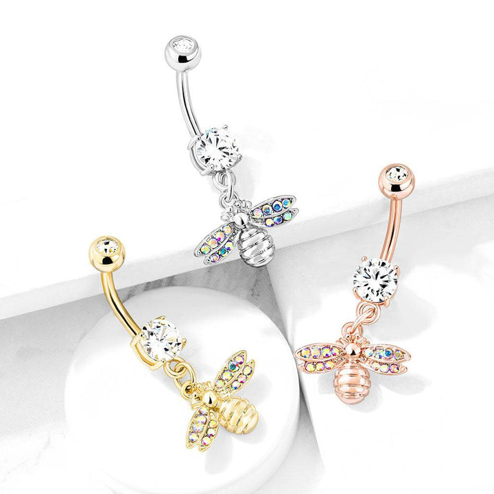 Cute Small CZ Dangle Bumble Bee Surgical Steel Belly Ring - Pierced Universe