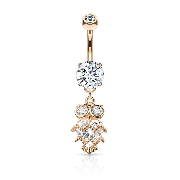 Cute Small CZ Dangle Owl Rose Gold PVD Surgical Steel Belly Ring - Pierced Universe