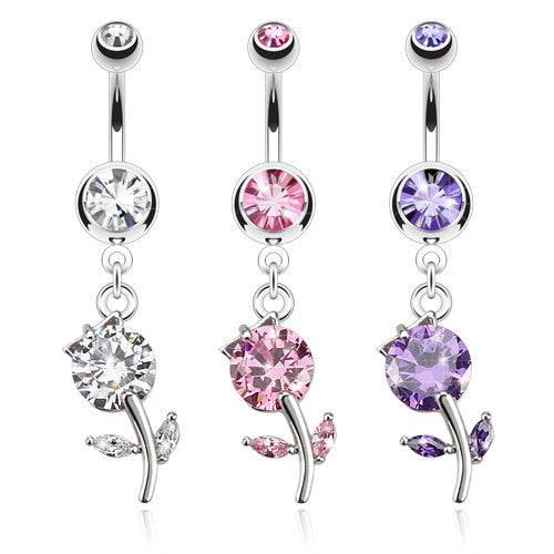 Dangling Stem Flower with Prong Set Gem Belly Ring - Pierced Universe