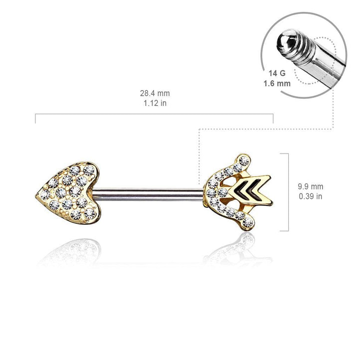 Gold Plated Heart & Arrow CZ Nipple Ring Barbell - Pierced Universe