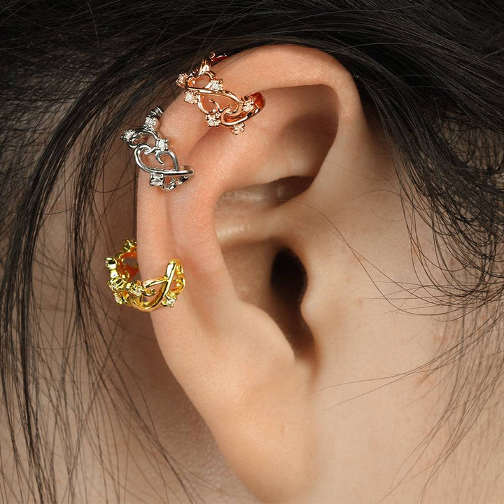 Gold Plated Linked Heart CZ Fake Non Piercing Brass Ear Cuff - Pierced Universe