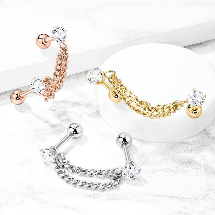 Gold PVD Surgical Steel Double Chain Link Ball Back CZ Barbell Studs - Pierced Universe