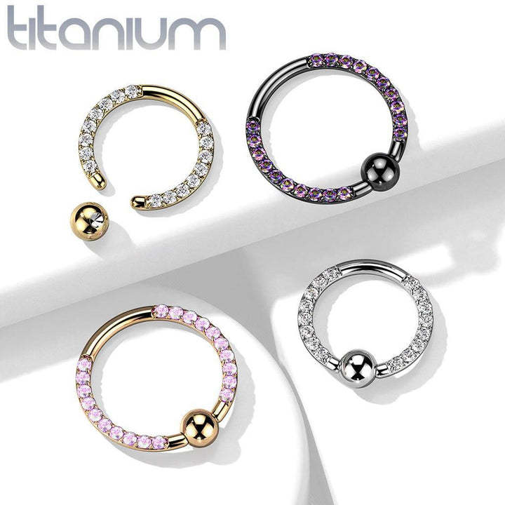 Implant Grade Titanium Front Facing White CZ Pave CBR Hoop Ring - Pierced Universe