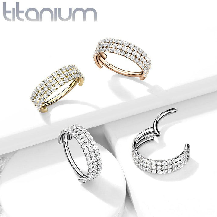 Implant Grade Titanium Gold PVD Triple Row White CZ Pave Hinged Clicker Hoop - Pierced Universe