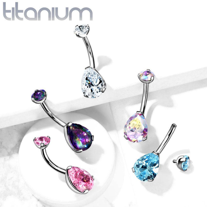 Implant Grade Titanium Internally Threaded Pear Tear Drop Pink CZ Belly Ring - Pierced Universe