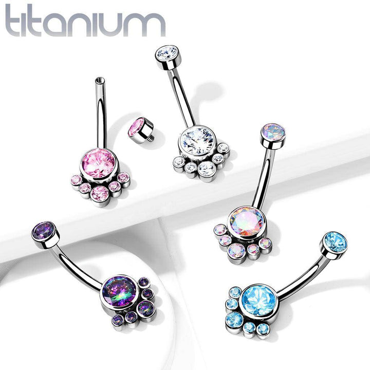 Implant Grade Titanium Internally Threaded White CZ Bezel Cluster Belly Ring - Pierced Universe