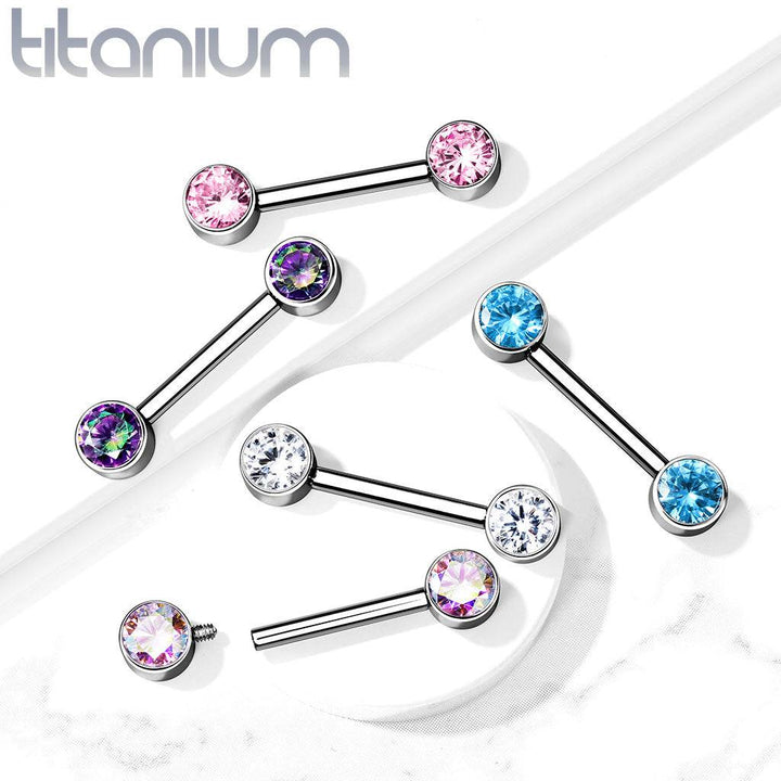 Implant Grade Titanium Nipple Barbell With Internally Threaded Pink CZ Gems - Pierced Universe