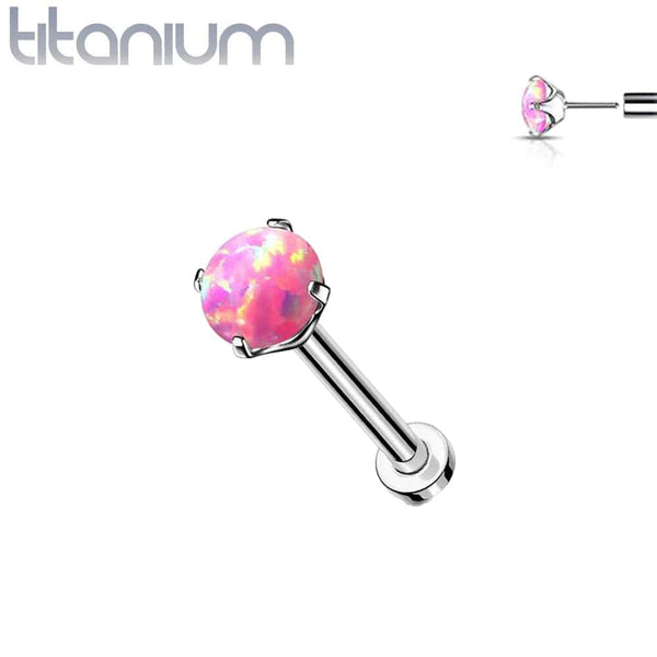 Implant Grade Titanium Threadless Push In Nose Ring Clawed Pink Opal Stone With Flat Back - Pierced Universe