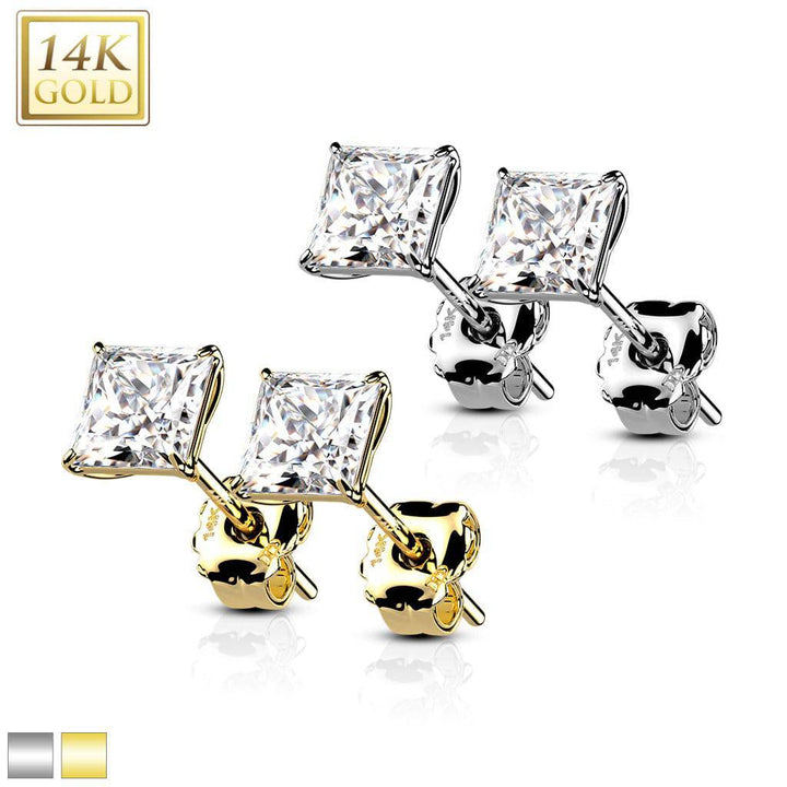 Pair Of 14KT Solid White Gold Square Clawed White CZ Stud Earrings - Pierced Universe