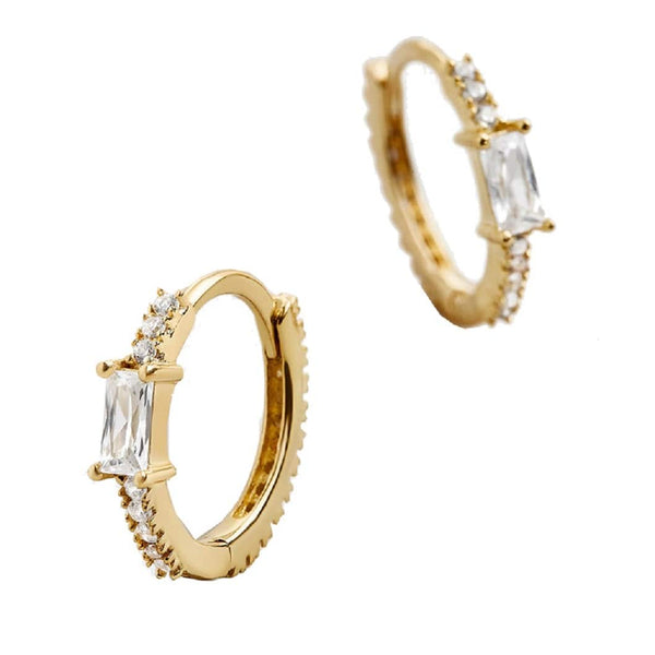 Pair of 925 Sterling Silver Gold PVD Diamond Baguette CZ Minimal Hoop Earrings - Pierced Universe