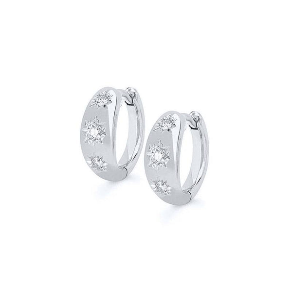 Pair Of 925 Sterling Silver White CZ Starburst Minimal Hoop Earrings - Pierced Universe