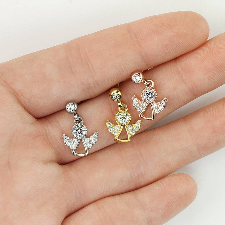 Rose Gold Plated Surgical Steel White CZ Dangling Angel Cartilage Ring - Pierced Universe