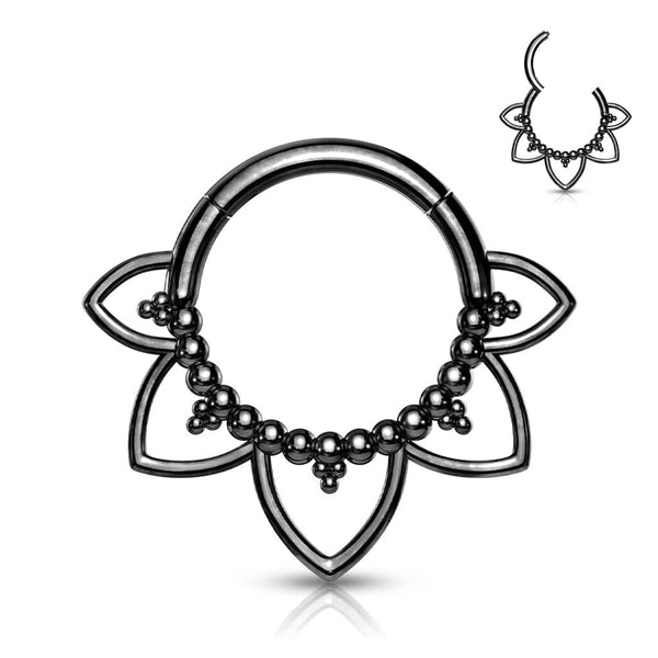 Surgical Steel Black PVD Floral Tribal Hinged Septum Ring Hoop Clicker - Pierced Universe