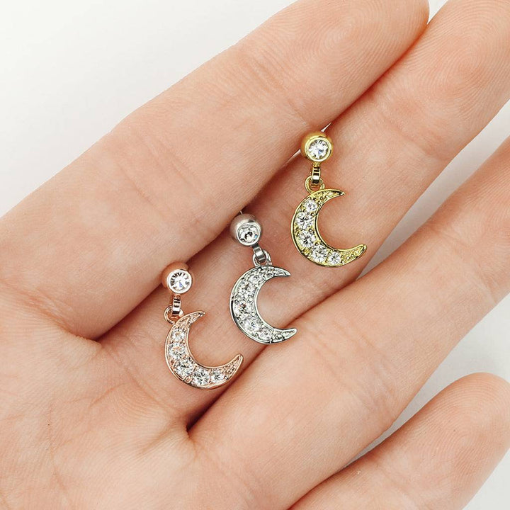 Surgical Steel Gold Plated Ball Back Crescent Moon White CZ Dangle Cartilage Ring - Pierced Universe