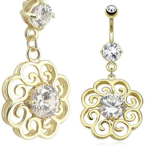 Surgical Steel Gold Plated Flower Petal CZ Swirl Gem Belly Button Navel Ring Bar Dangle - Pierced Universe