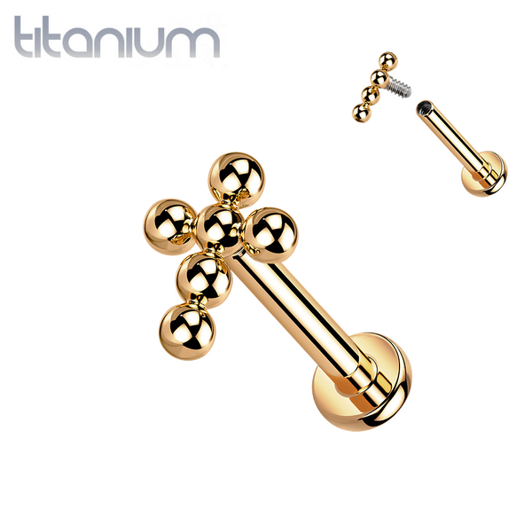 Implant Grade Titanium Rose Gold PVD Beaded Dainty Cross Internally Threaded Labret - Pierced Universe