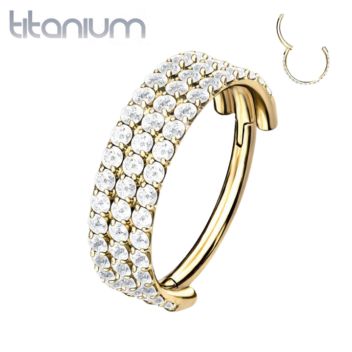 Implant Grade Titanium Gold PVD Triple Row White CZ Pave Hinged Clicker Hoop - Pierced Universe