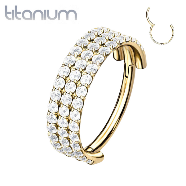 Implant Grade Titanium Gold PVD Triple Row White CZ Pave Hinged Clicker Hoop - Pierced Universe