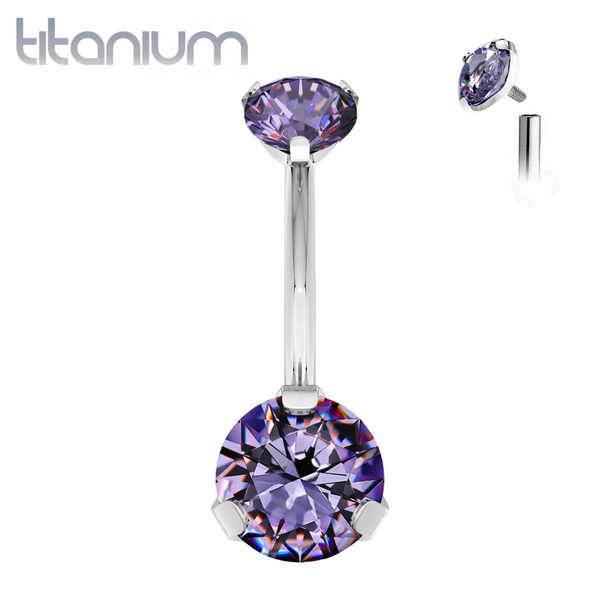 Implant Grade Titanium Internally Threaded Tanzanite CZ Prong Belly Button Navel Ring - Pierced Universe